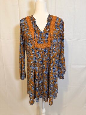 Size S Boho Floral Tunic Dress in Rust with Blue Print